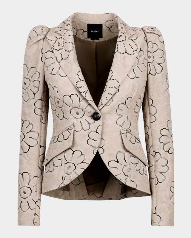 Floral Jacquard Puff-Sleeve Blazer